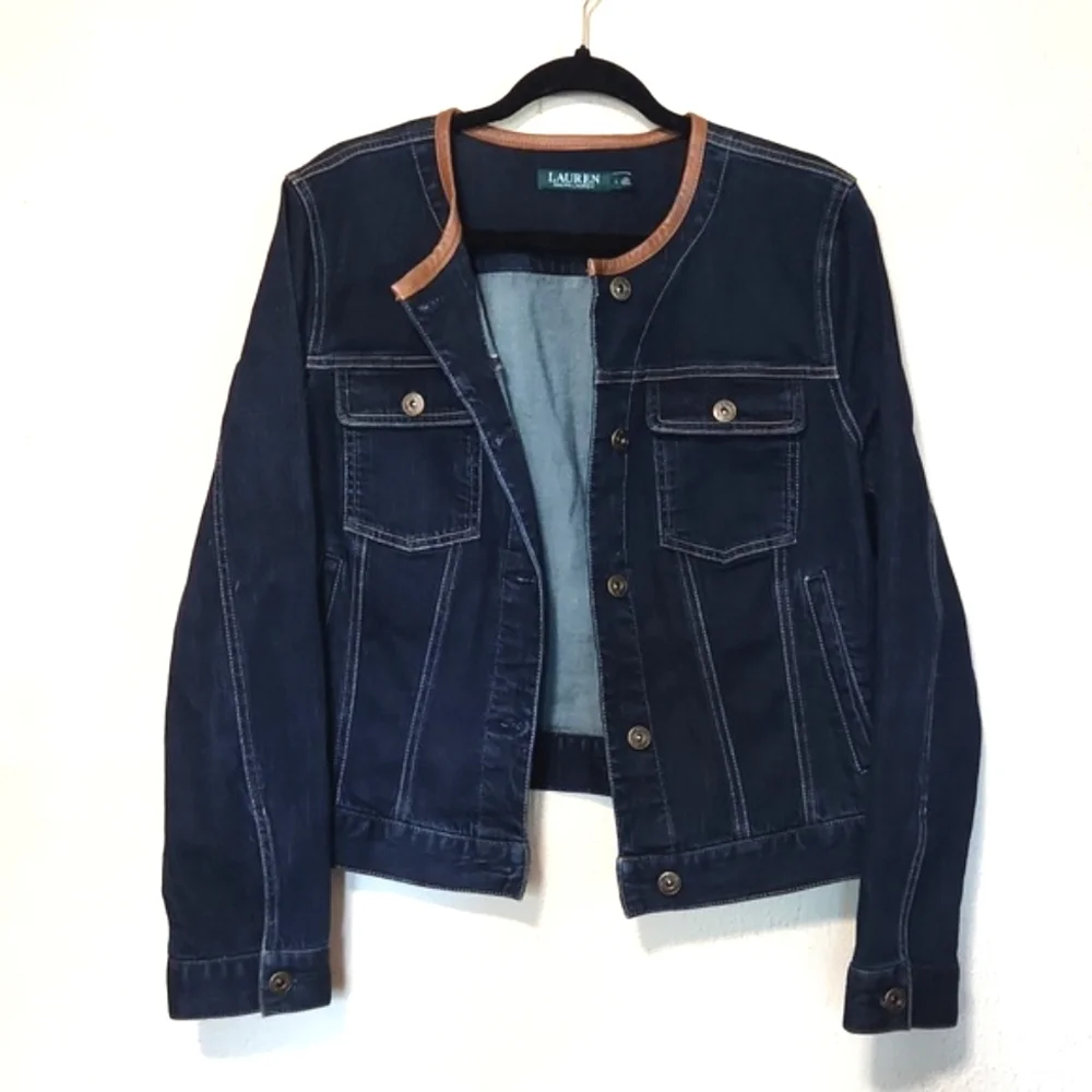 Ralph Lauren Dark Blue Denim Jacket Leather Trim Collar Large - Picture 12 of 13